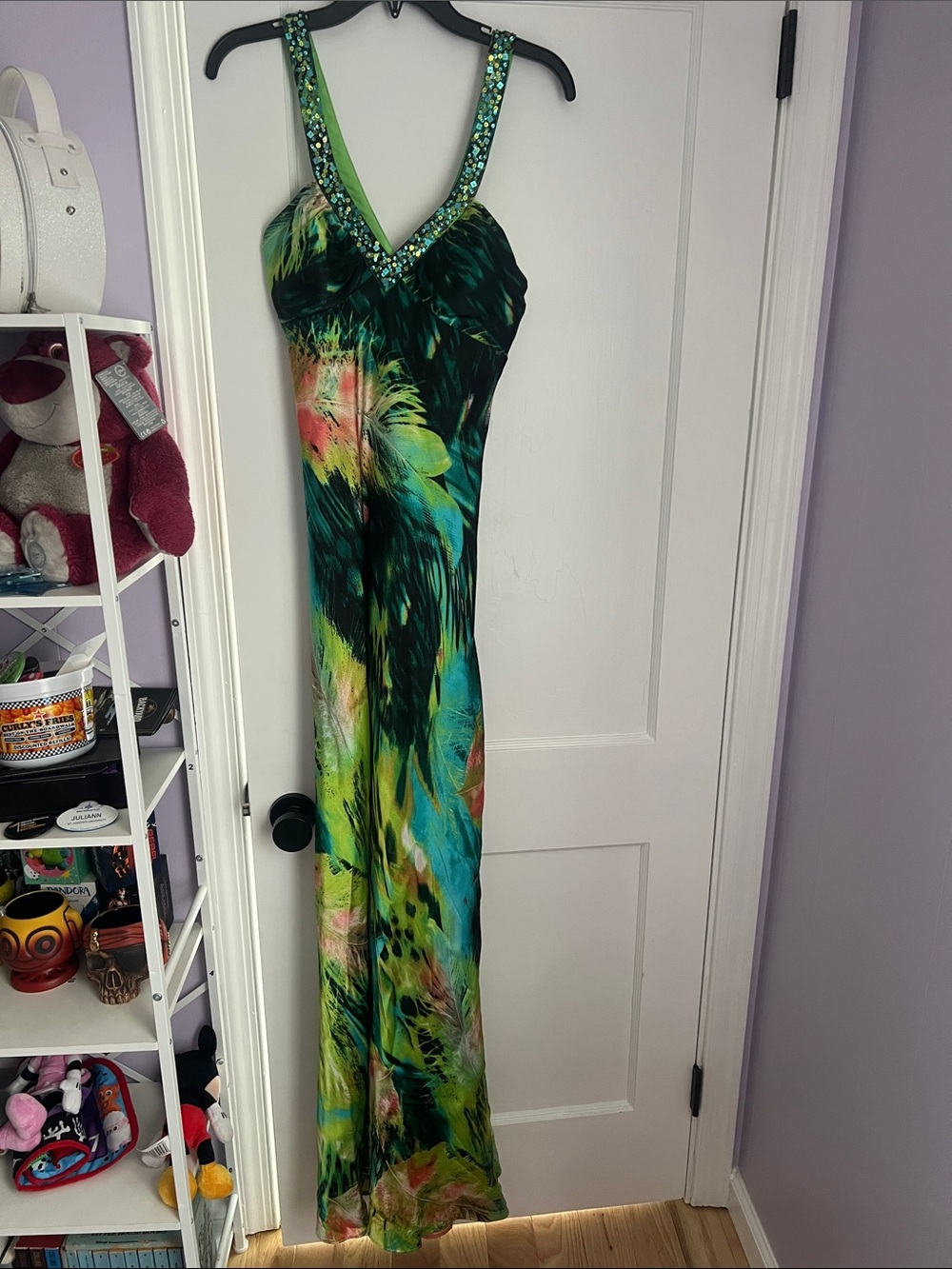 Hailey Logan Green Teal Floral Beaded V-Neck Prom Gown